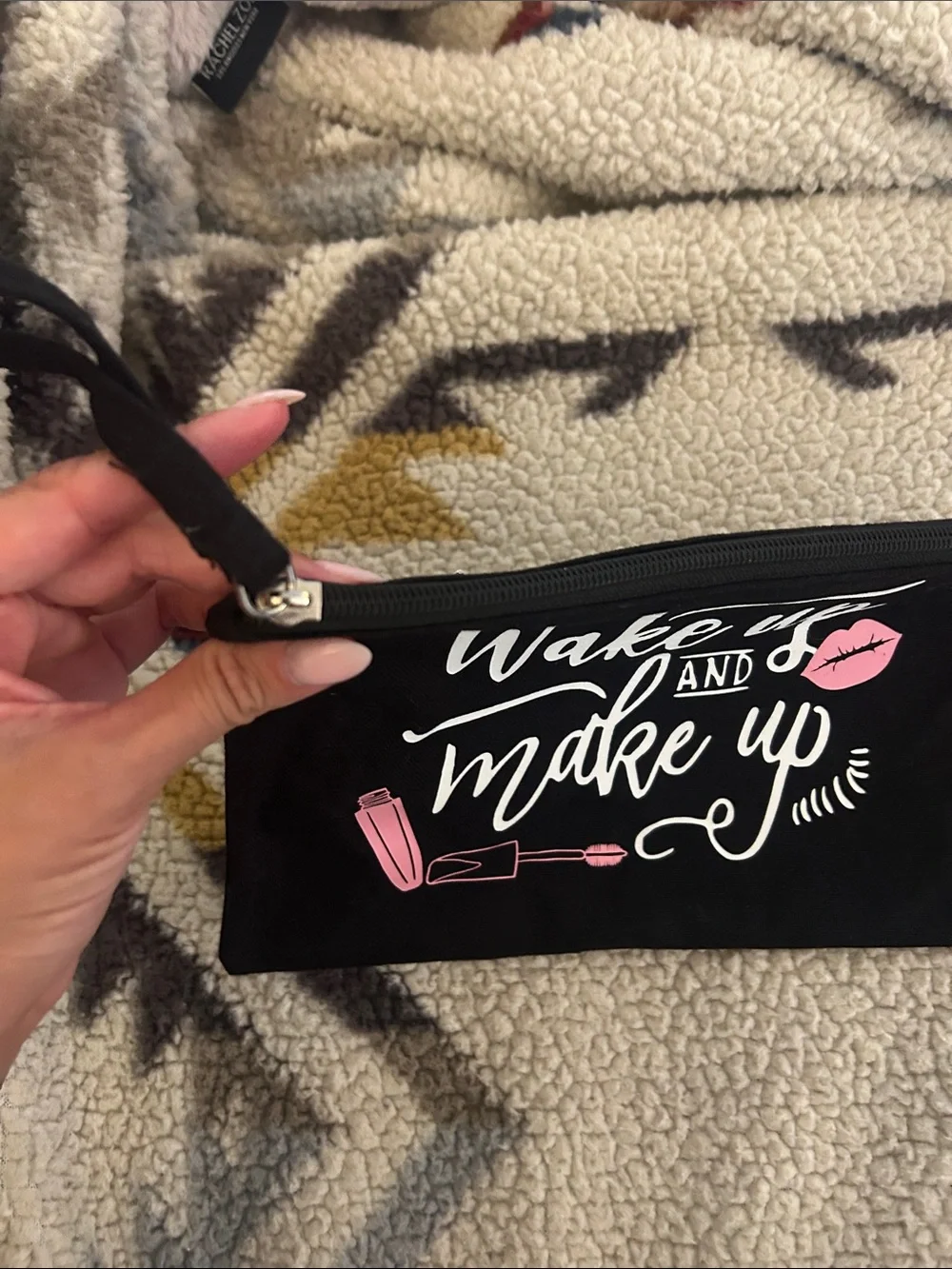 Wake Up and Make Up Makeup Bag - Black with Pink & White Graphic